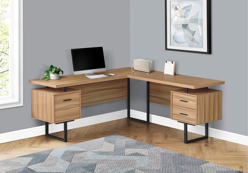 Bureau en coin en forme de L réversible Marnie de 71 po à 3 tiroirs - brun clair
