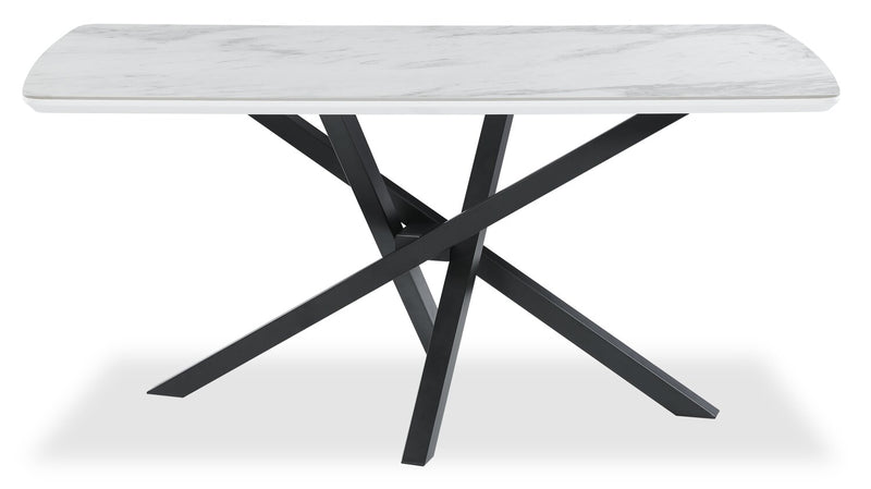 Table de salle à manger Bari de 63 po (L) avec dessus en céramique d’apparence marbre et base géométrique en métal - blanche