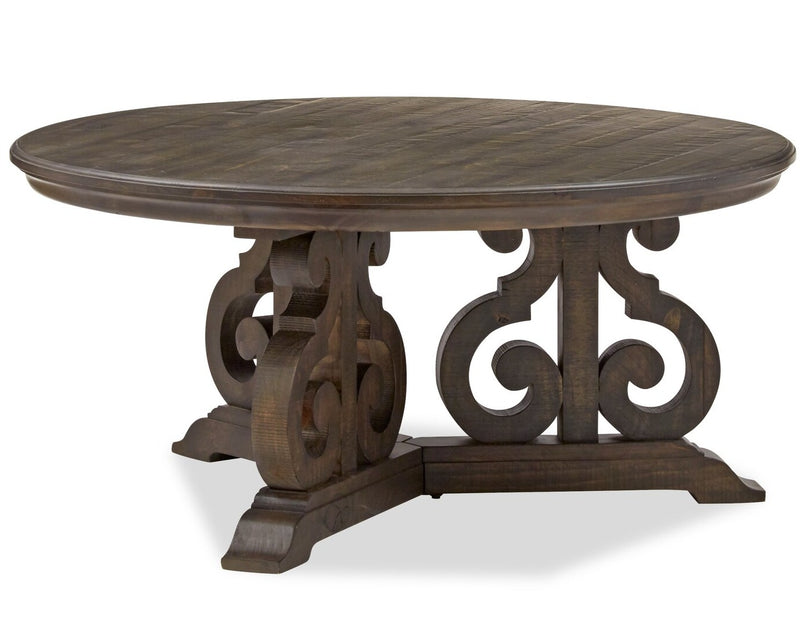 Table à café ronde traditionnelle Bellamy de 40 po - pin brun foncé avec base en bois à volutes