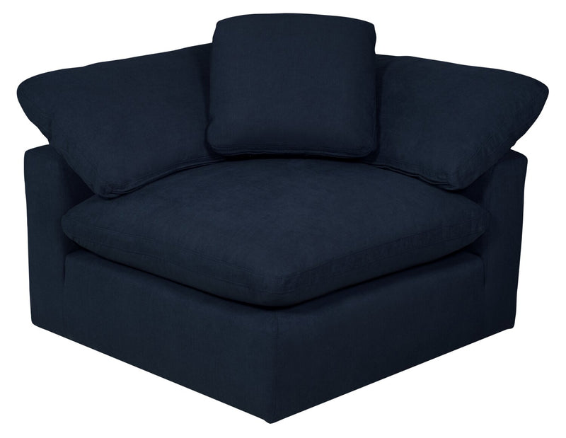 Sofa sectionnel modulaire Eclipse 6 pièces en tissu d’apparence lin avec poufs et coussins réversibles en duvet et plumes - bleu marine