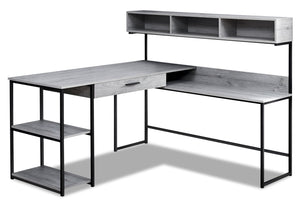 Bureau en coin en forme de L Oaklee de 59 po avec crédence - gris