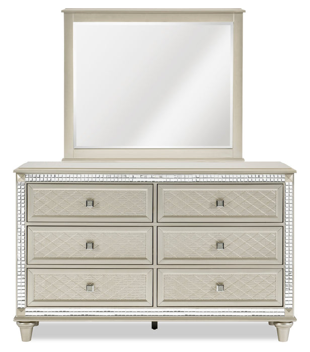 Ensemble de chambre à coucher Tyra 5 pièces somptueux en cuir végétalien avec lit, commode et miroir, champagne - format grand lit