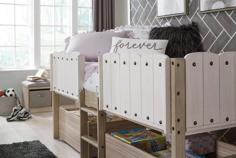 Lit mezzanine Ryan avec garde-corps et échelle pour enfants, blanc et naturel - format lit simple