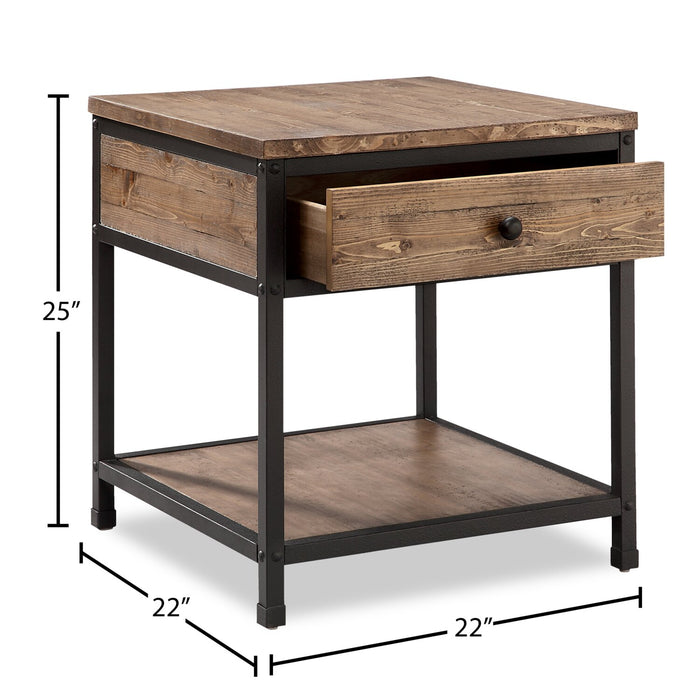 Table de bout rustique Giana de 22 po avec rangement et tablette - pin vieilli brun avec armature en métal noir