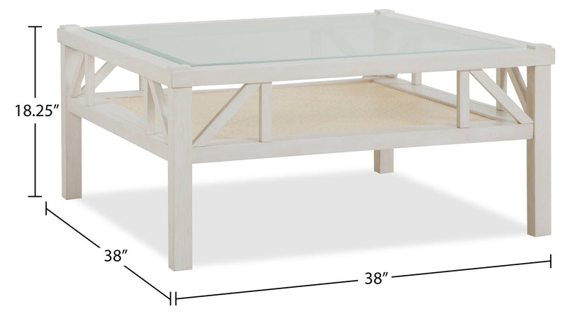 Table à café carrée traditionnelle Ellison de 38 po avec dessus en verre et tablette - bois blanc antique