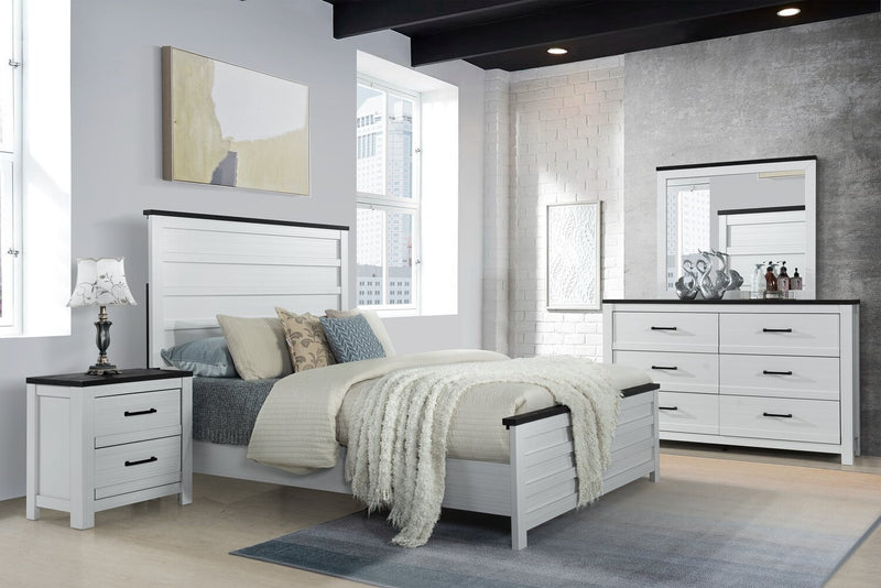 Ensemble de chambre à coucher Zoey 5 pièces avec lit, commode et miroir, deux teintes, blanc et brun - format grand lit