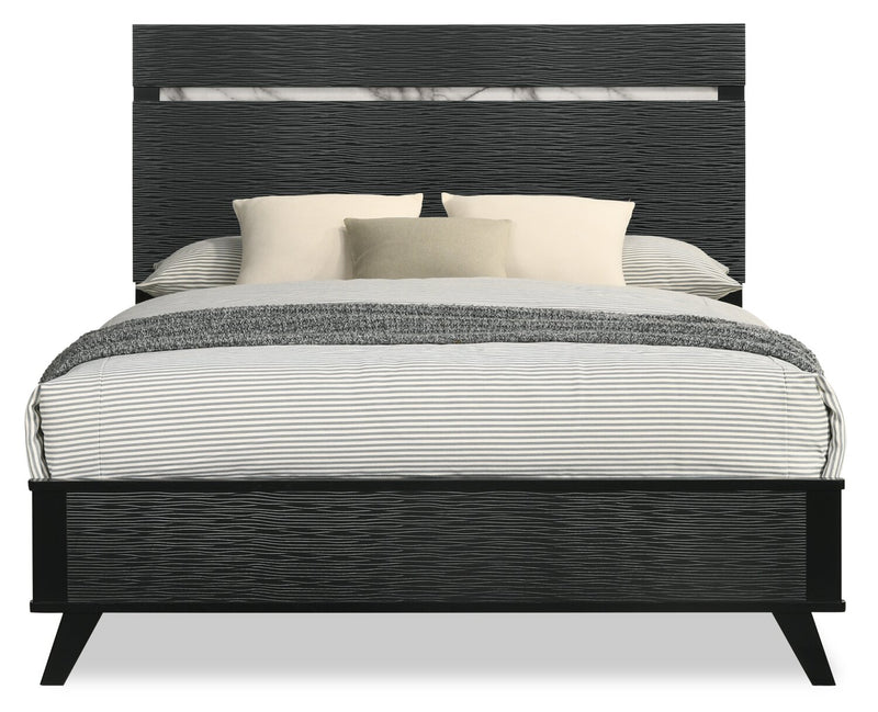 Ensemble de chambre à coucher Atlas 5 pièces de style moderne du milieu du 20e siècle avec lit, commode et miroir, noir - format grand lit