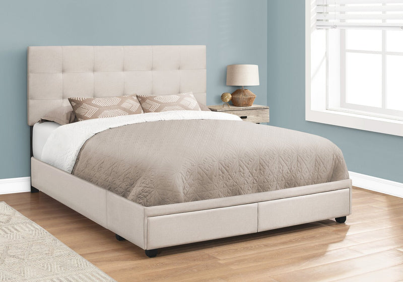 Lit plateforme rembourré Minka en tissu beige capitonné avec rangement - format grand lit