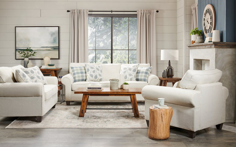 Sofa Scarlett de 87 po fabriqué au Canada en tissu de chenille avec accoudoirs enroulés et coussins décoratifs - beige écru