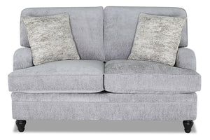 Causeuse Bellmont de 64 po fabriquée au Canada en tissu de chenille avec coussins réversibles et pattes en bois - gris platine