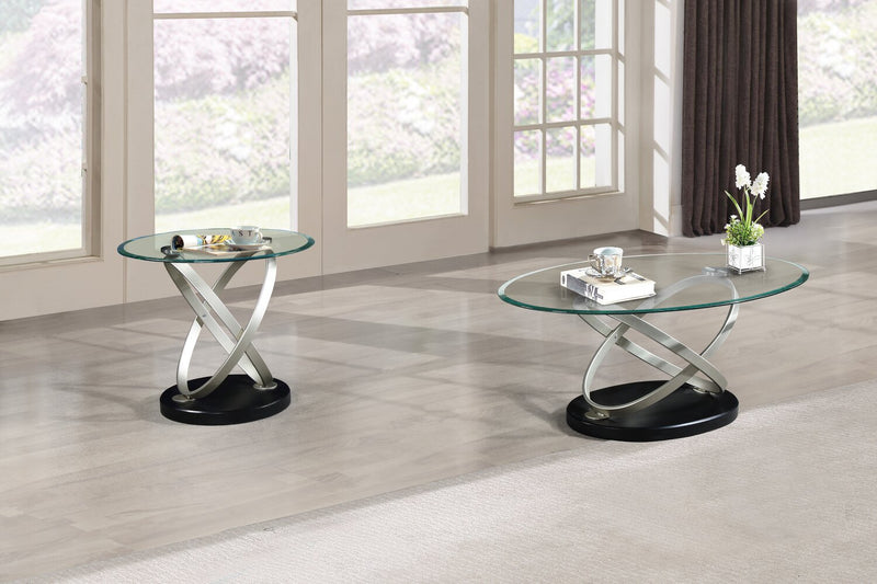 Table de bout ronde moderne Vikki de 26 po avec dessus en verre - verre avec base en métal