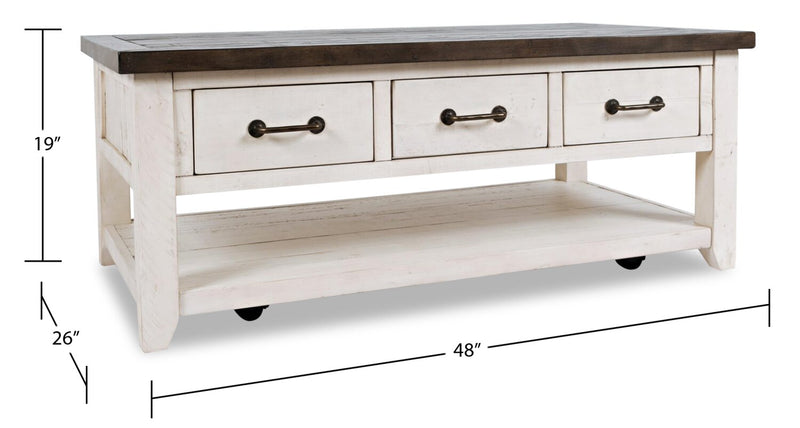 Table à café rustique Morgan de 48 po avec rangement, tablette et roulettes - blanche avec bois recyclé