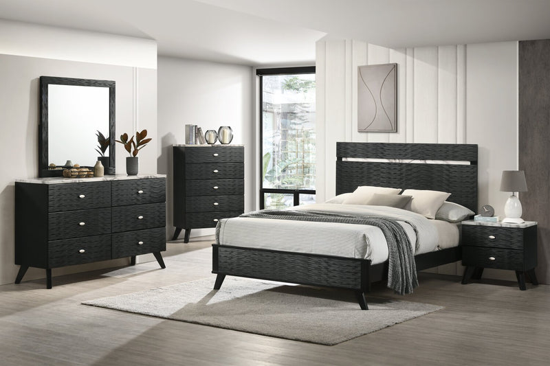 Ensemble de chambre à coucher Atlas 5 pièces de style moderne du milieu du 20e siècle avec lit, commode et miroir, noir - format grand lit
