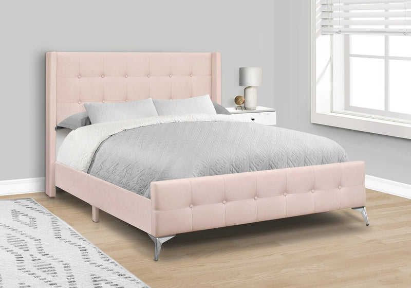 Lit rembourré Zara en tissu d’apparence lin rose avec capitonnage à boutons - format grand lit