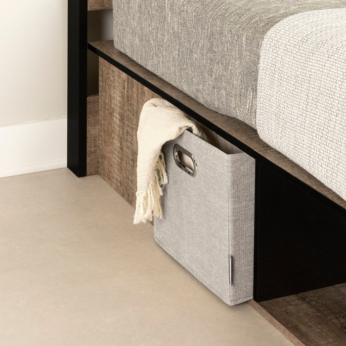 Lit plateforme Everley avec rangement et paniers intégrés, chêne vieilli et noir mat - format lit simple