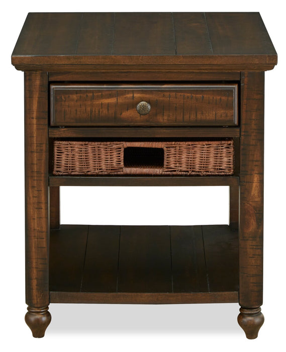 Table de bout rustique Cottage Lane de 22 po avec rangement et tablette - bois brun foncé