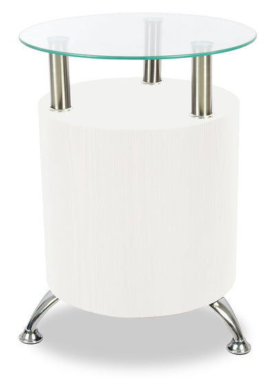 Savon  17.72" Modern Round Glass Top End Table with Shelf - White Wood and Chrome |Table de bout ronde moderne Savon de 17,72 po avec dessus en verre et tablette - bois blanc et chrome