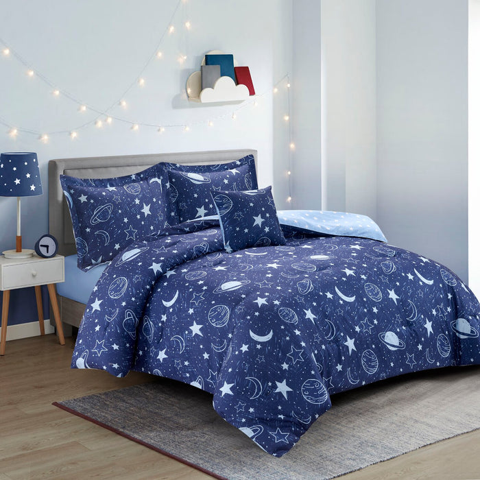 Ensemble d'édredon Galaxy 4 pièces pour lit double - bleu