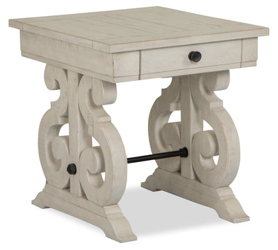 Bronwyn 22" Traditional End Table with Storage - Alabaster Pine with Scroll Design Wood Base|Table de bout traditionnelle Bronwyn de 22 po avec rangement - pin albâtre avec base en bois à volutes