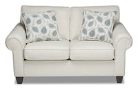  Causeuse Scarlett de 64 po fabriquée au Canada en tissu de chenille avec accoudoirs enroulés et coussins décoratifs - beige écru