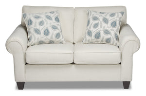 Causeuse Scarlett de 64 po fabriquée au Canada en tissu de chenille avec accoudoirs enroulés et coussins décoratifs - beige écru