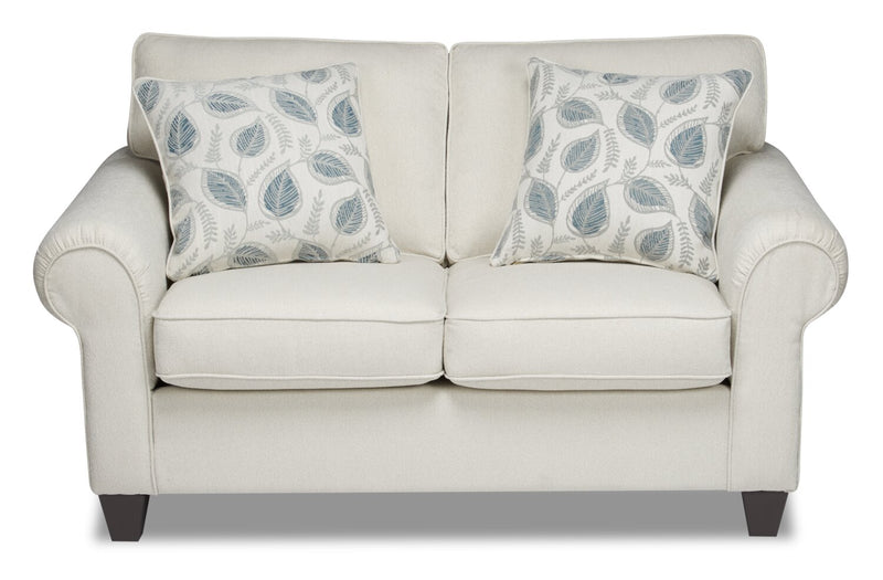 Causeuse Scarlett de 64 po fabriquée au Canada en tissu de chenille avec accoudoirs enroulés et coussins décoratifs - beige écru