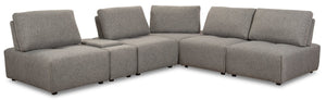 Sofa sectionnel modulaire Modera 6 pièces en tissu d'apparence lin avec fauteuil long - gris