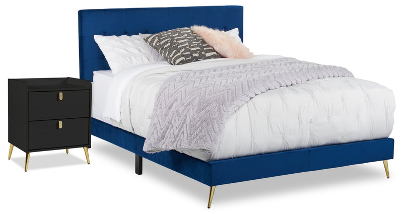 Lit rembourré Gabi en tissu de velours bleu avec pattes au fini doré et capitonnage à boutons - format très grand lit