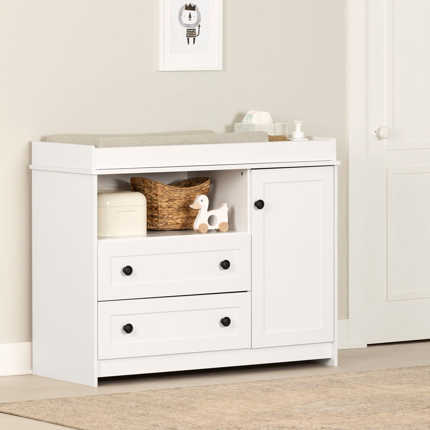 Table à Langer 4 Tiroirs Shefa – 80x46x92 Cm – Blanche Avec Motifs Fleurs – Convertible En Commode – Pour Chambre Bébé - 1