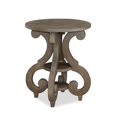 Tinley Park 22" Traditional Round End Table with Shelf - Grey-Brown Pine with Scroll Design Base|Table de bout ronde traditionnelle Tinley Park de 22 po avec tablette - pin gris-brun avec base à volutes