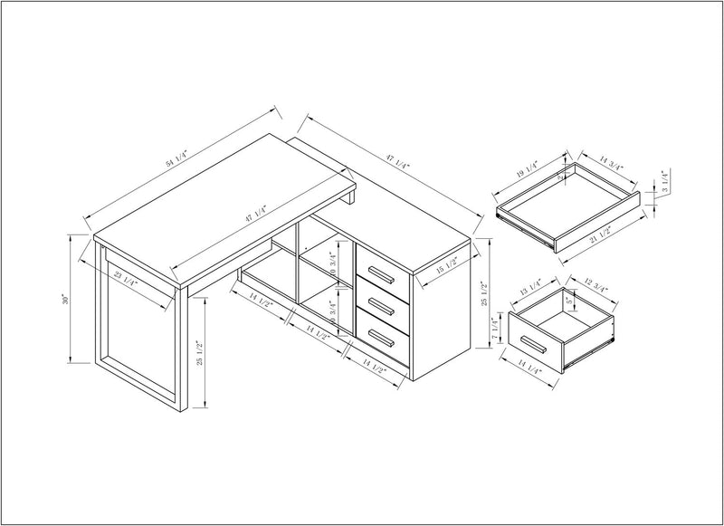 Bureau en coin réversible Owen de 55 po à 4 tiroirs et compartiments - blanc