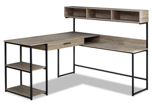 Bureau en coin en forme de L Oaklee de 59 po avec crédence - taupe foncé 