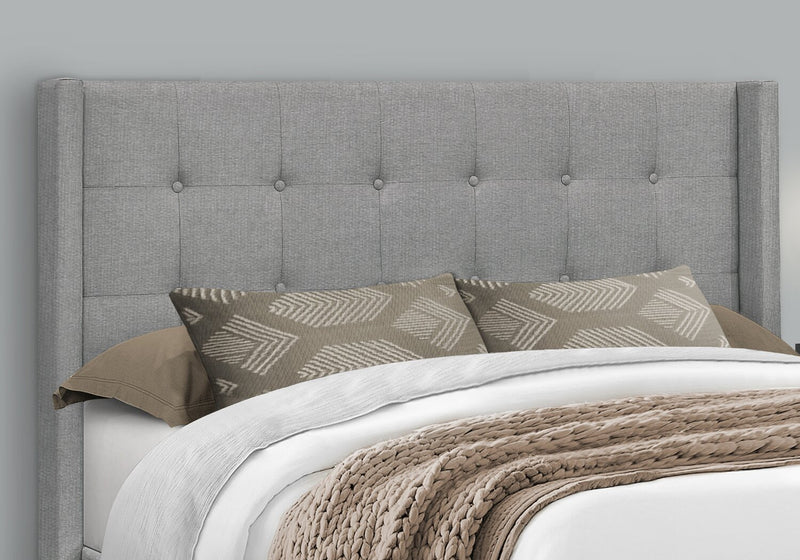 Lit rembourré Zara en tissu d’apparence lin gris avec capitonnage à boutons - format grand lit