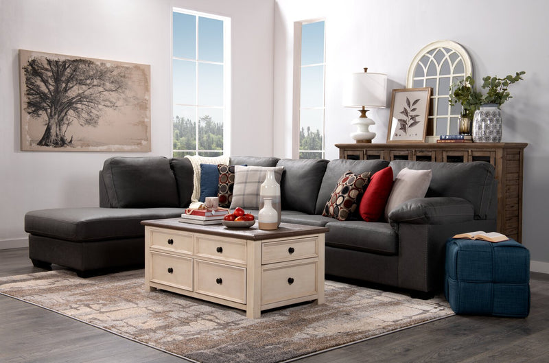 Sofa-lit sectionnel de gauche Morty 2 pièces fabriqué au Canada en tissu d’apparence cuir avec coussins décoratifs - gris