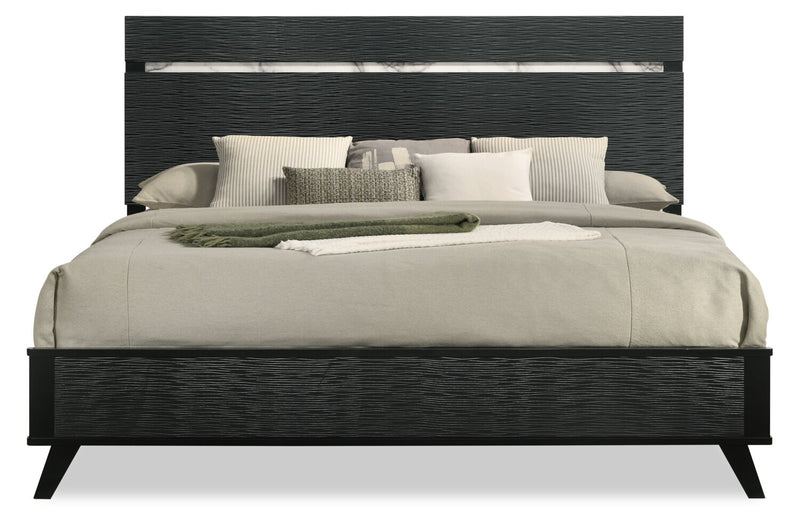 Ensemble de chambre à coucher Atlas 5 pièces de style moderne du milieu du 20e siècle avec lit, commode et miroir, noir - format très grand lit