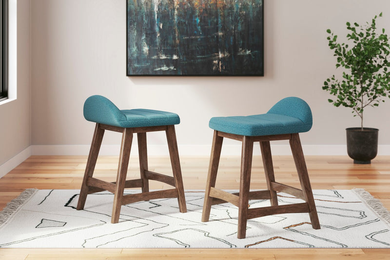 Tabouret Jovi de hauteur comptoir en tissu d’apparence lin et en bois - bleu