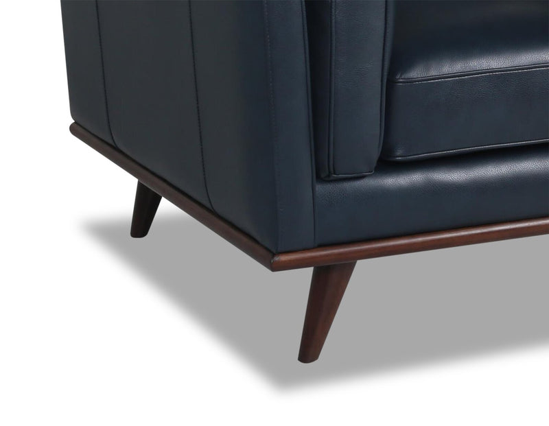 Causeuse Vivia de 63 po en cuir véritable avec coussins de siège amovibles et pattes en bois - bleu marine