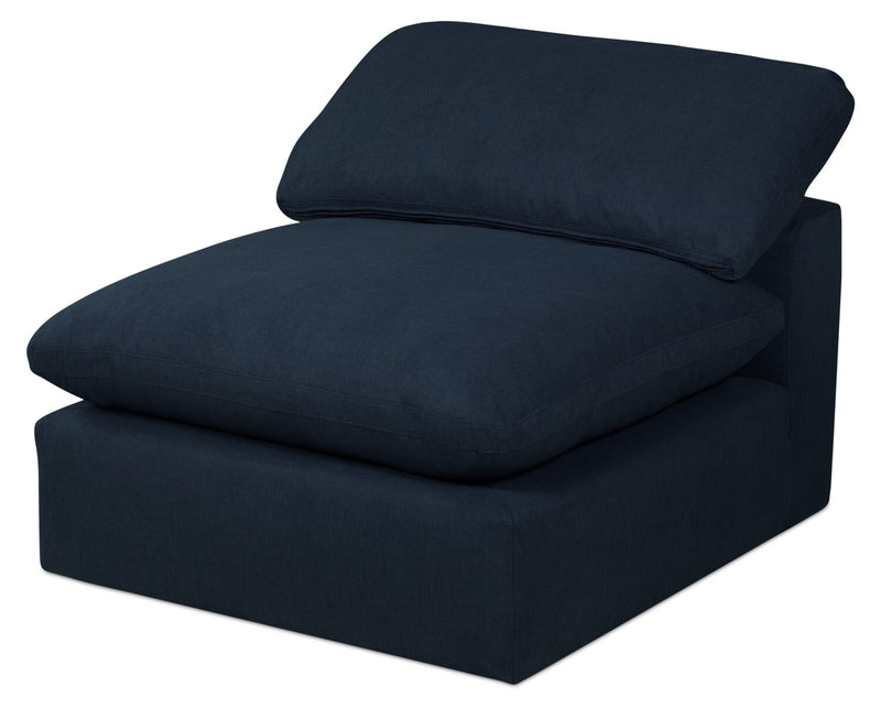 Sofa sectionnel modulaire Eclipse 6 pièces en tissu d’apparence lin avec poufs et coussins réversibles en duvet et plumes - bleu marine