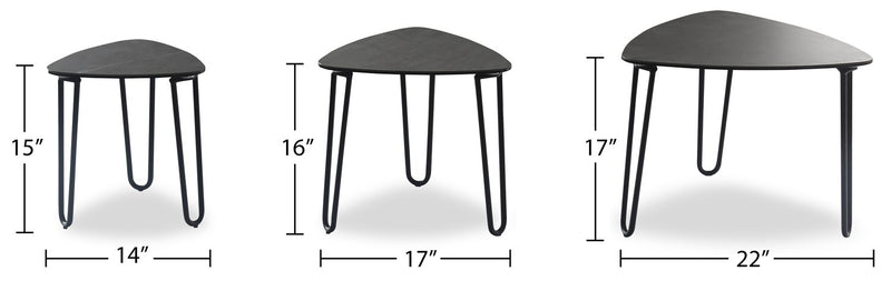 Ensemble 3 tables gigognes triangulaires modernes Hamilton de 22 po - dessus en imitation de marbre gris avec pattes en métal noir