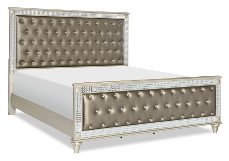 Ensemble de chambre à coucher Tyra 5 pièces somptueux en cuir végétalien avec lit, commode et miroir, champagne - format grand lit