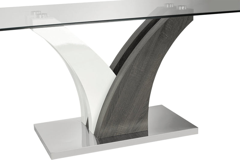 Table de salle à manger Tuxedo de 72 po (L) avec dessus en verre et base piédestal - grise et blanche