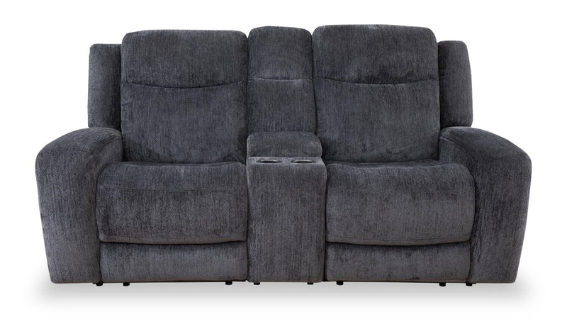 Causeuse à inclinaison électrique Atlantis de 72 po en tissu avec console de rangement, ports USB et position zéro gravité - gris foncé