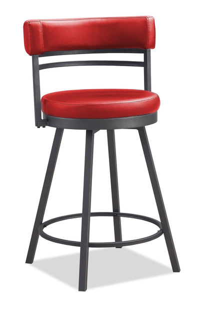 Mila Counter-Height Stool with Swivel Seat & Vegan Leather Fabric, 25"H, Metal - Red | Tabouret 25 po bar Mila en tissu de cuir végétalien et en métal avec siège pivotant - rouge
