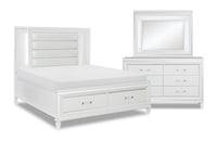 Ensemble de chambre à coucher Max 5 pièces somptueux avec lit de rangement, commode, miroir et éclairage à DEL, blanc - format très grand lit