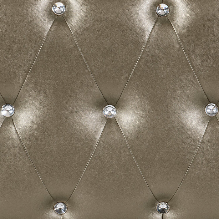 Lit à panneau Tyra somptueux en cuir végétalien avec tête de lit, cadre de lit et capitonnage à boutons, champagne - format grand lit