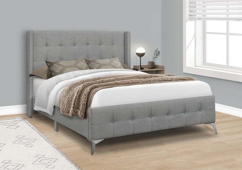 Lit rembourré Zara en tissu d’apparence lin gris avec capitonnage à boutons - format grand lit