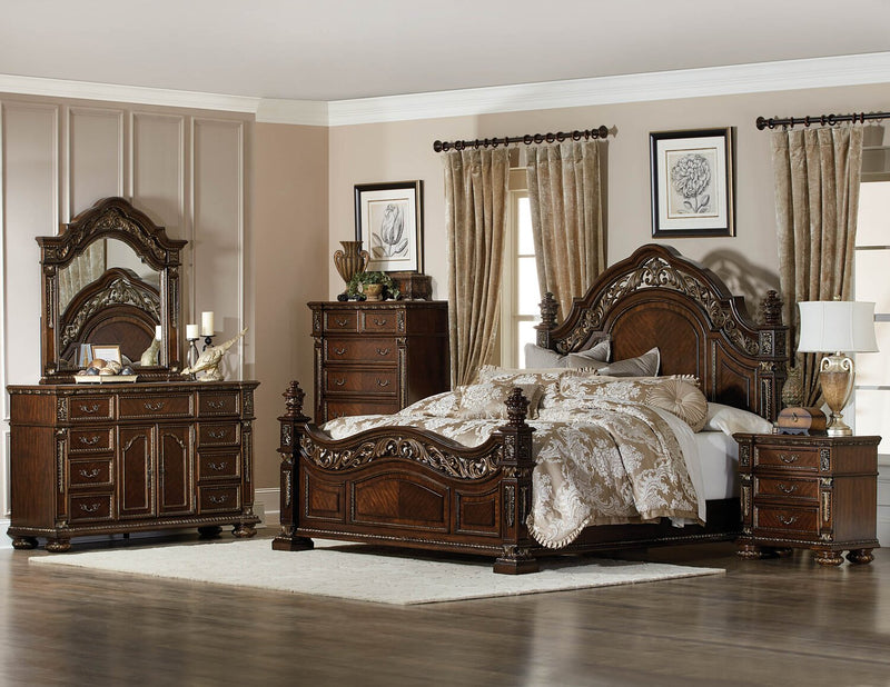 Ensemble de chambre à coucher Wynn 5 pièces avec lit, commode et miroir, brun cerisier - format grand lit