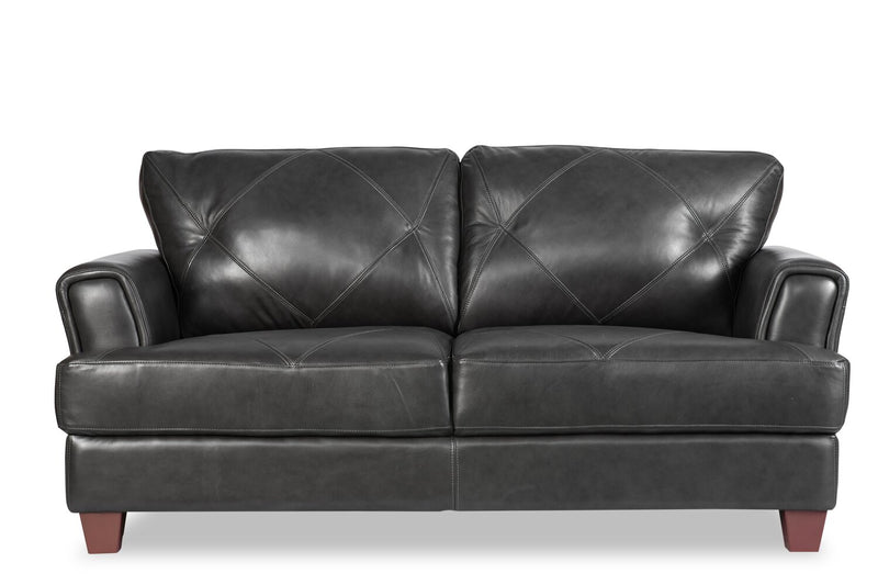 Causeuse Vita de Château d’Ax de 70 po en cuir 100 % véritable avec coutures à motif de diamant et pattes en bois - gris anthracite