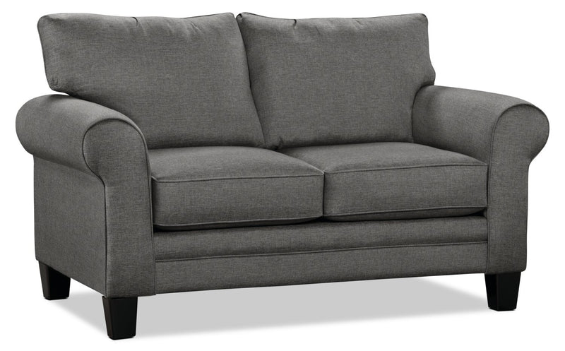 Causeuse Tula de 65 po fabriquée au Canada en tissu avec accoudoirs enroulés et coussins décoratifs - gris acier