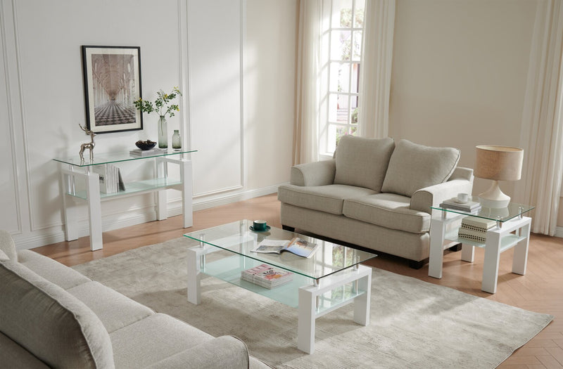 Table à café moderne Harvy de 47,25 po avec dessus en verre et tablette - blanche 